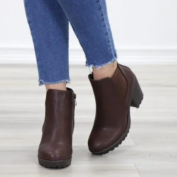 Lug Sole Ankle Boots Brown Chelsea Booties - Picture 8 of 15